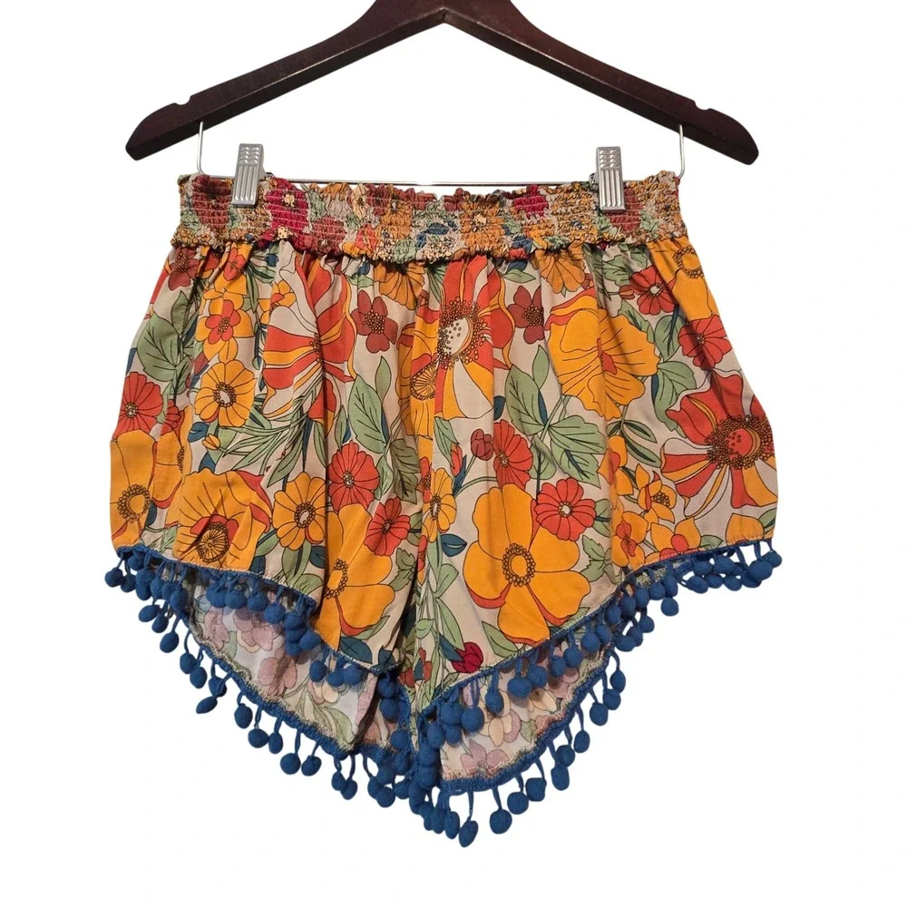 Natural Life Shorts Womens Large Orange Floral Pom Pom Trim Boho Festival Retro